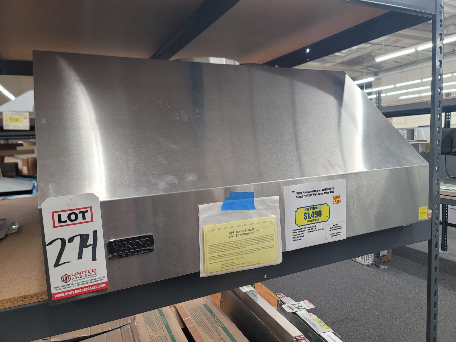 VIKING PROFESSIONAL SERIES 36" PRO-STYLE WALL MOUNT RANGE HOOD, MODEL VWH53648SS