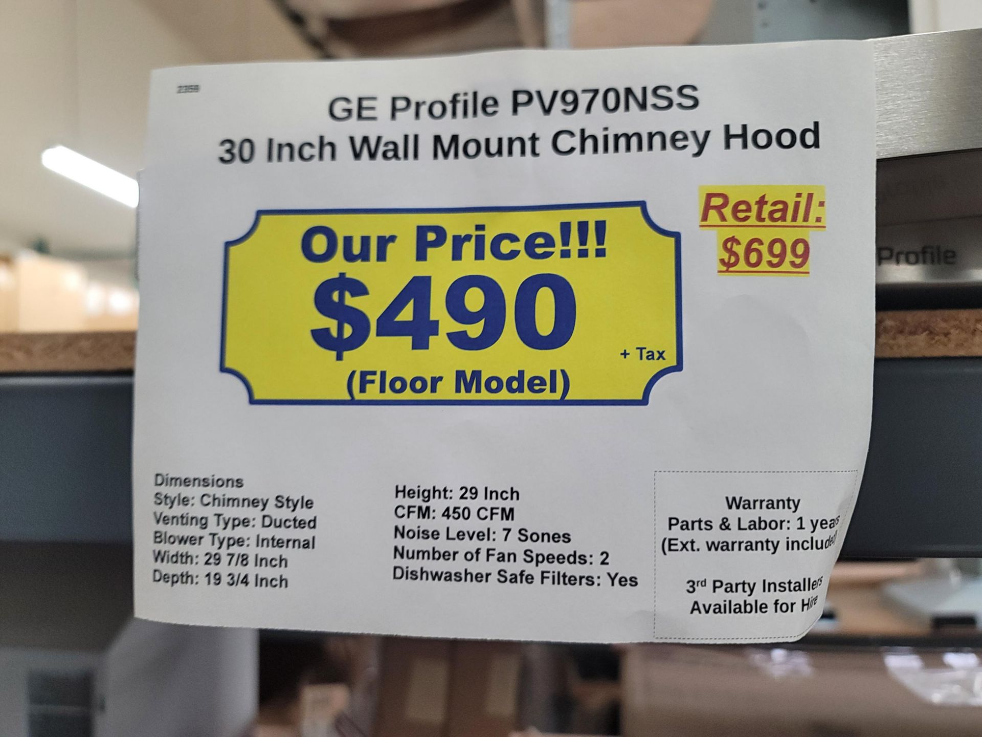 GE PROFILE 30" WALL MOUNT CHIMNEY RANGE HOOD, MODEL PV970NSS - Image 2 of 2