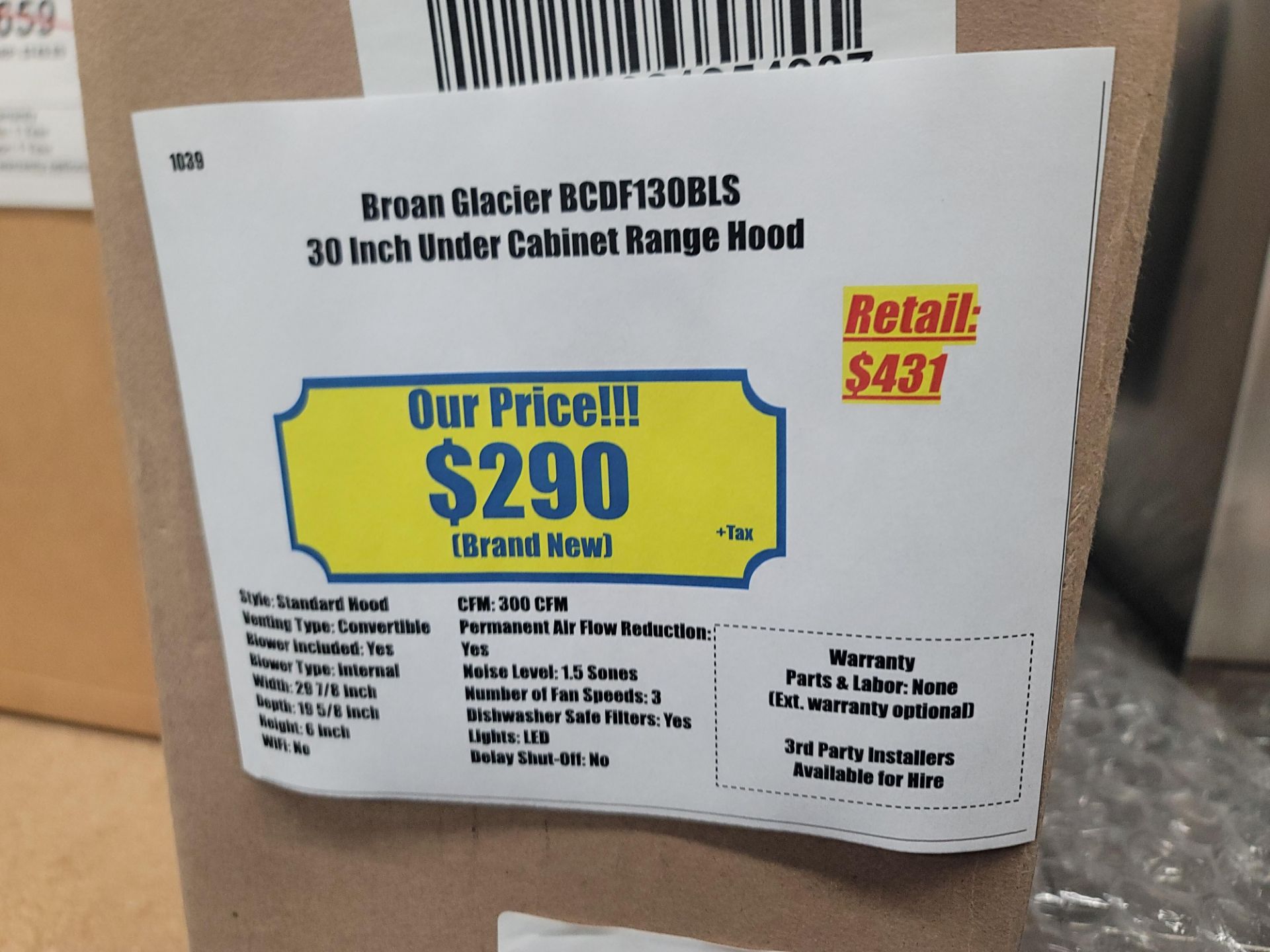 BROAN GLACIER 30" UNDER CABINET RANGE HOOD IN BLACK STAINLESS STEEL, MODEL BCDF130BLS, IN ORIGINAL - Image 3 of 3