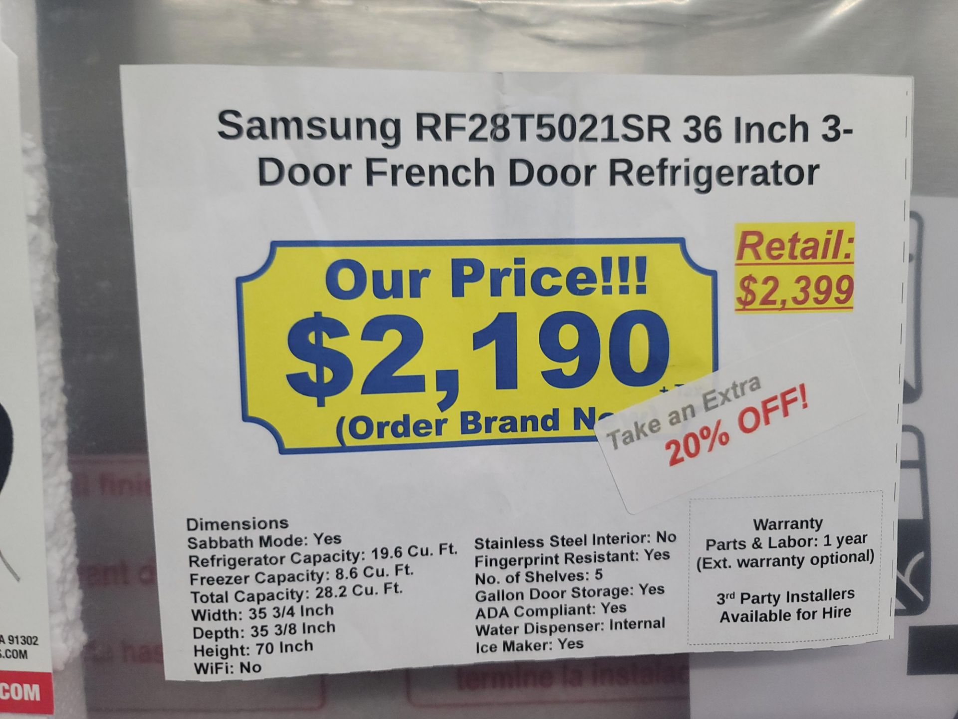 SAMSUNG 36" 3-DOOR FRENCH DOOR 19.6 CU. FT. REFRIGERATOR / 8.6 CU. FT. FREEZER / 28.2 CU. FT. - Image 2 of 2