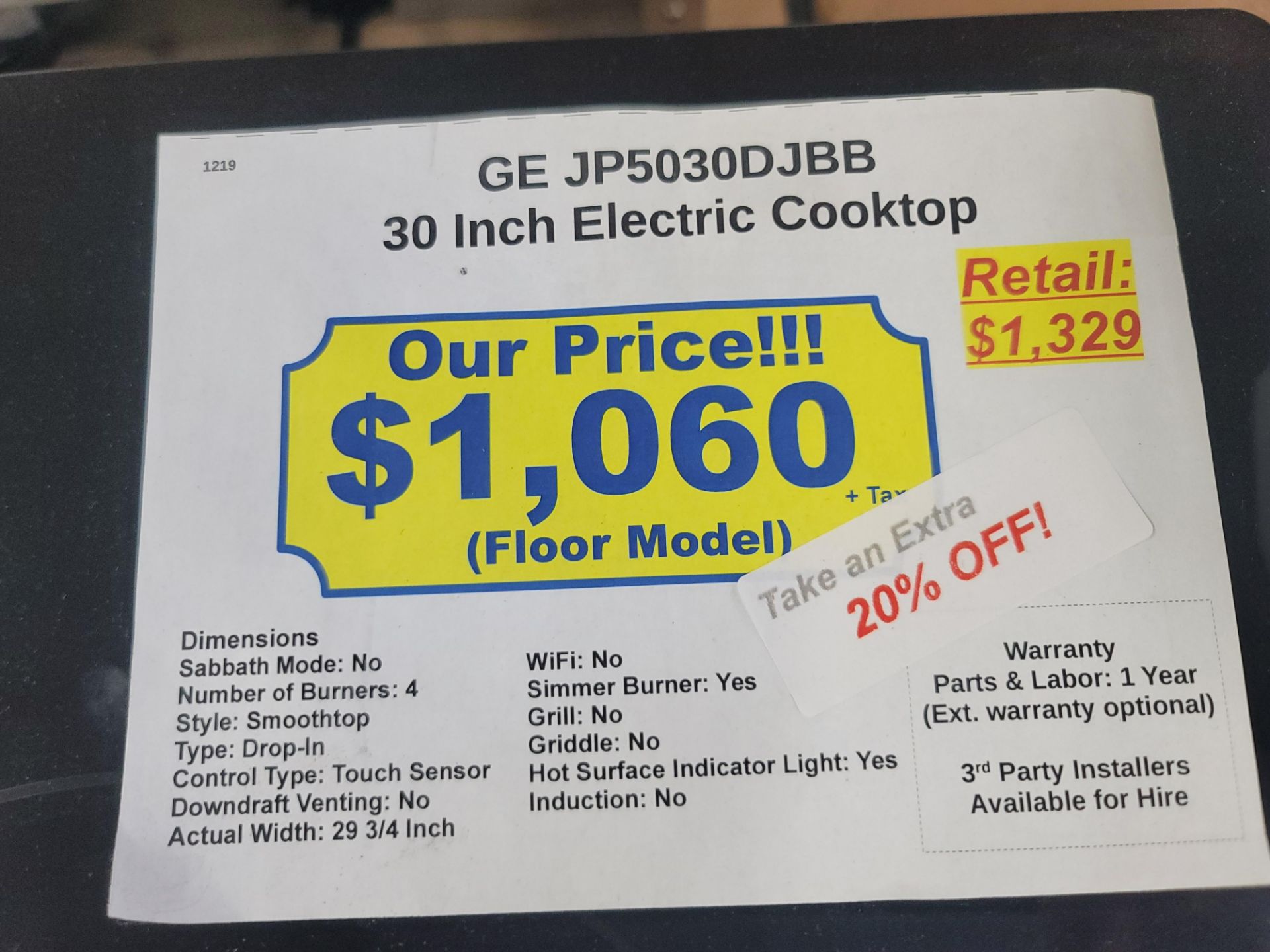 GE 30" SMOOTHTOP ELECTRIC COOKTOP W/ (4) BURNERS, MODEL JP5030DJBB - Image 3 of 3