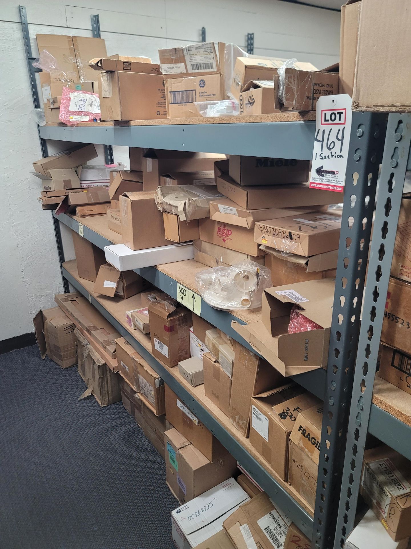 LOT - 8' SHELF UNIT W/ CONTENTS OF APPLIANCE REPLACEMENT PARTS