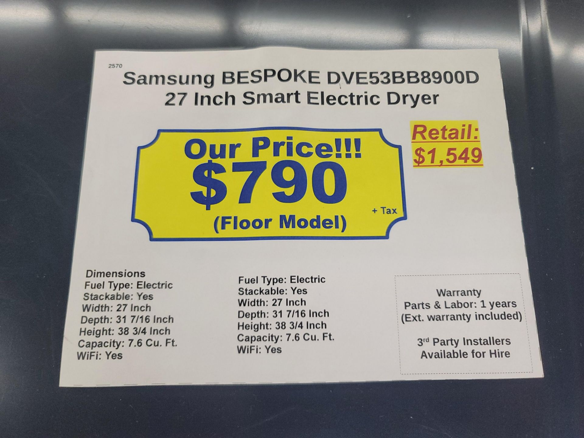 SAMSUNG BESPOKE 27" SMART ELECTRIC DRYER IN BLACK, 7.6 CU. FT. CAPACITY, STACKABLE, MODEL - Image 3 of 3