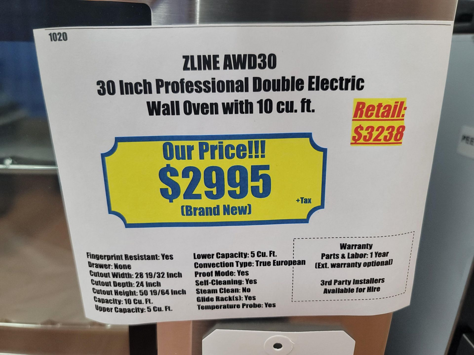 ZLINE 30" PROFESSIONAL DOUBLE ELECTRIC WALL OVEN W/ 10 CU. FT. CAPACITY IN STAINLESS STEEL, MODEL - Image 7 of 7