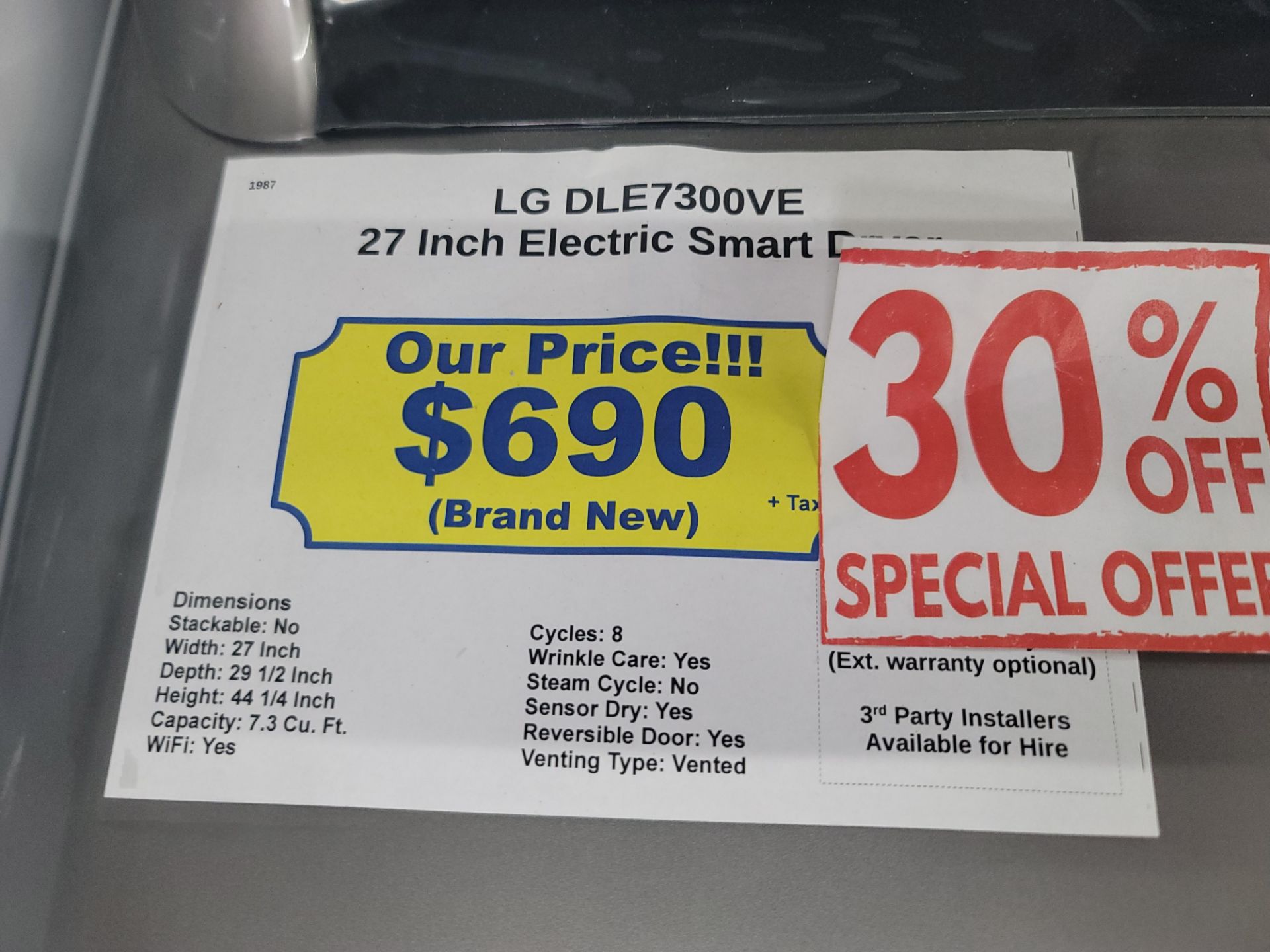 LG 27" ELECTRIC SMART DRYER IN GRAPHITE, 7.3 CU. FT. CAPACITY, MODEL DLE7300VE - Image 3 of 3