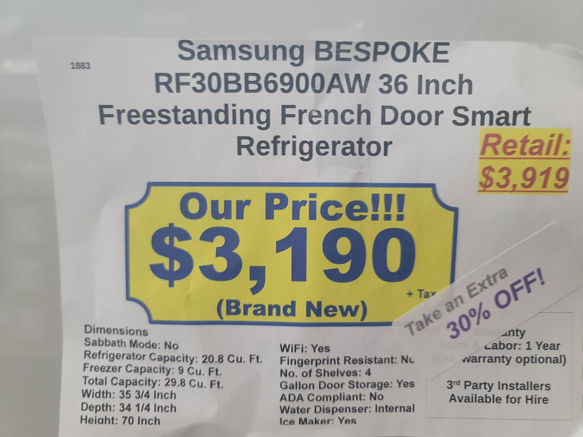 SAMSUNG BESPOKE 36" SMART FREESTANDING FRENCH DOOR 20.8 CU. FT. REFRIGERATOR / 9.0 CU. FT. FREEZER / - Image 8 of 8