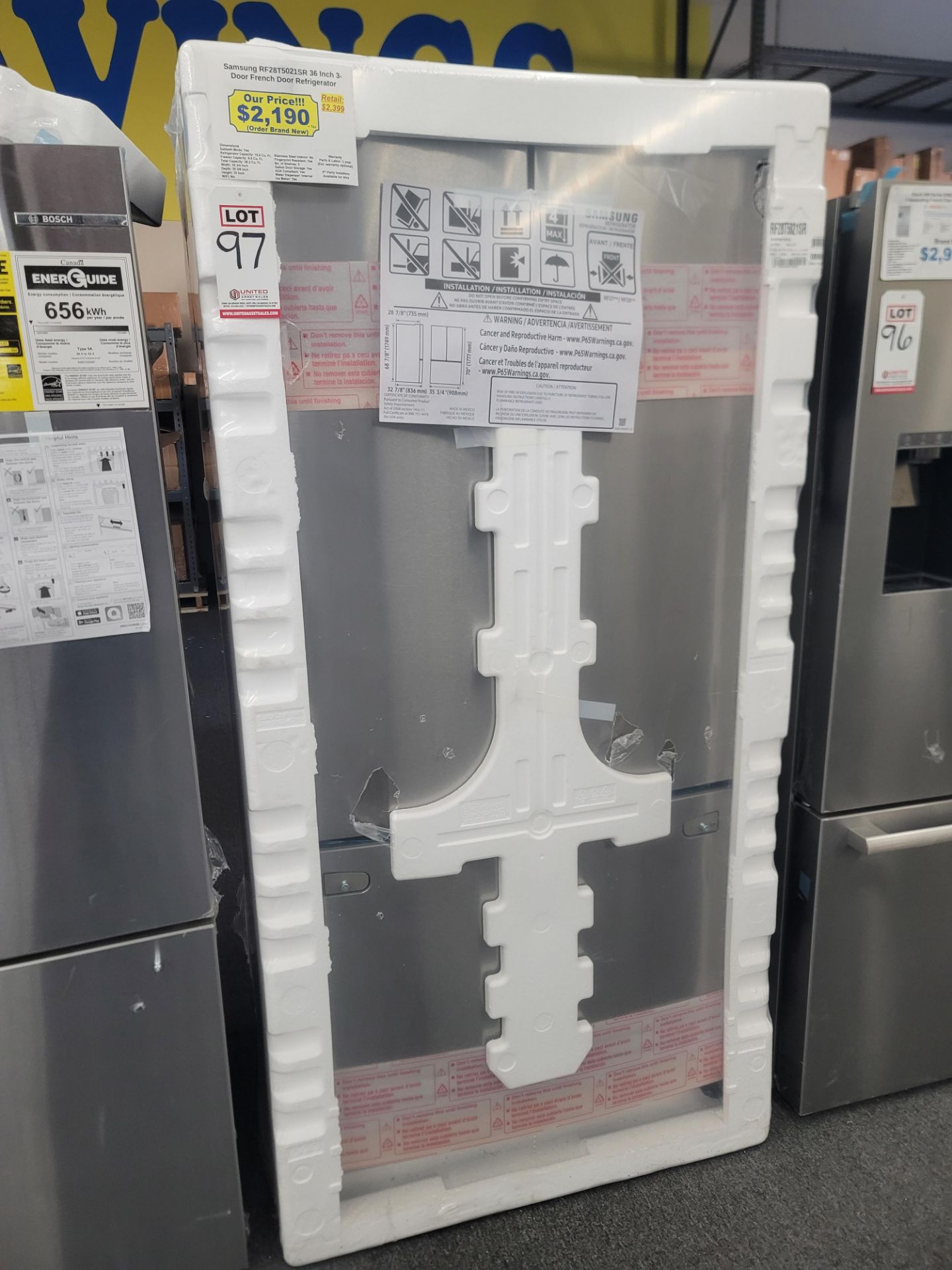 SAMSUNG 36" 3-DOOR FRENCH DOOR 19.6 CU. FT. REFRIGERATOR / 8.6 CU. FT. FREEZER / 28.2 CU. FT.