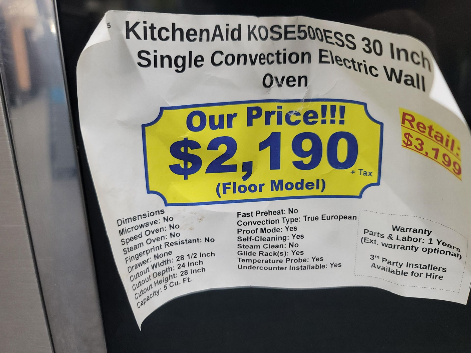 KITCHENAID 30" SINGLE CONVECTION ELECTRIC WALL OVEN W/ 5.0 CU. FT. CAPACITY IN STAINLESS STEEL, - Image 4 of 4