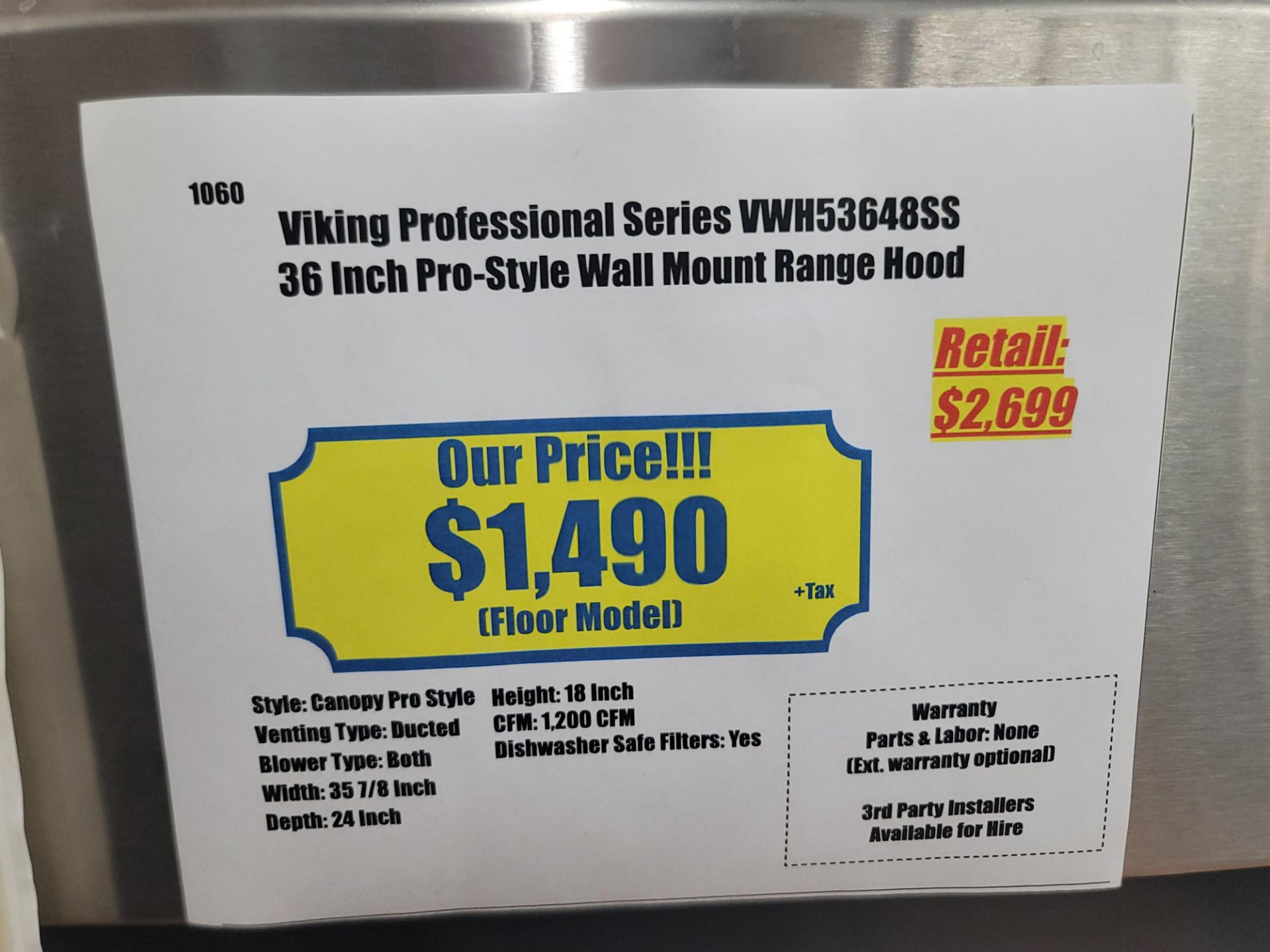 VIKING PROFESSIONAL SERIES 36" PRO-STYLE WALL MOUNT RANGE HOOD, MODEL VWH53648SS - Image 2 of 2