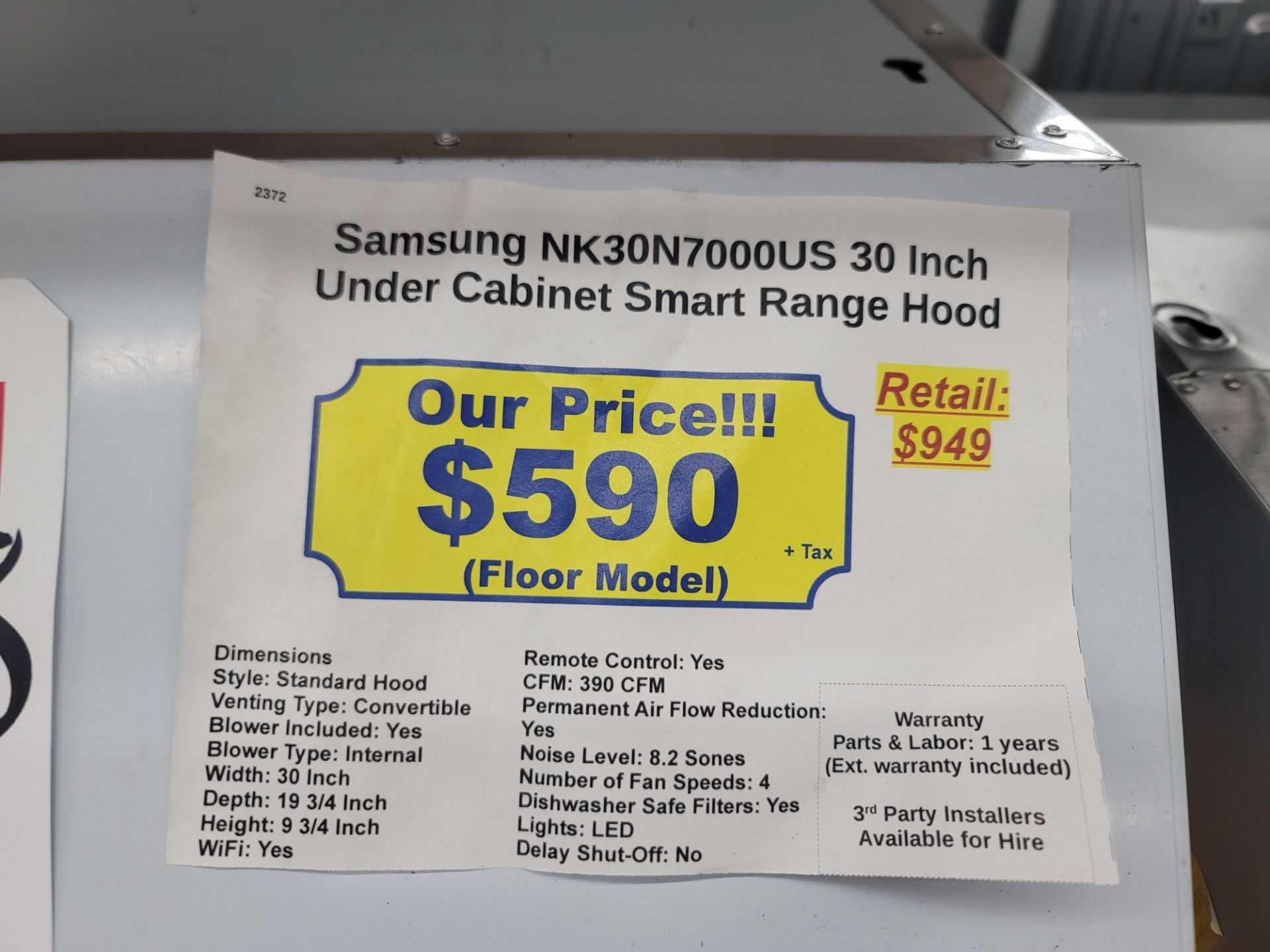 SAMSUNG 30" UNDER CABINET SMART RANGE HOOD, MODEL NK30N7000US - Image 2 of 2