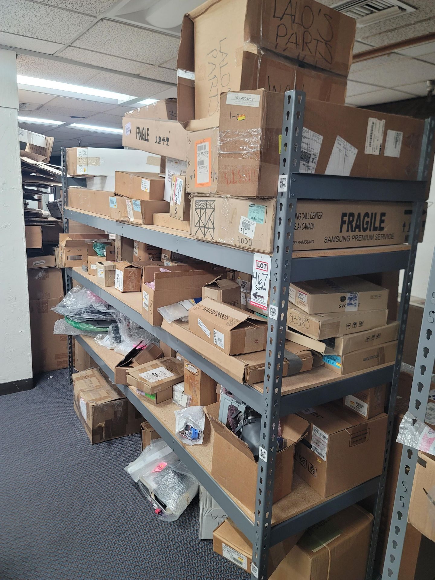 LOT - 8' SHELF UNIT W/ CONTENTS OF APPLIANCE REPLACEMENT PARTS