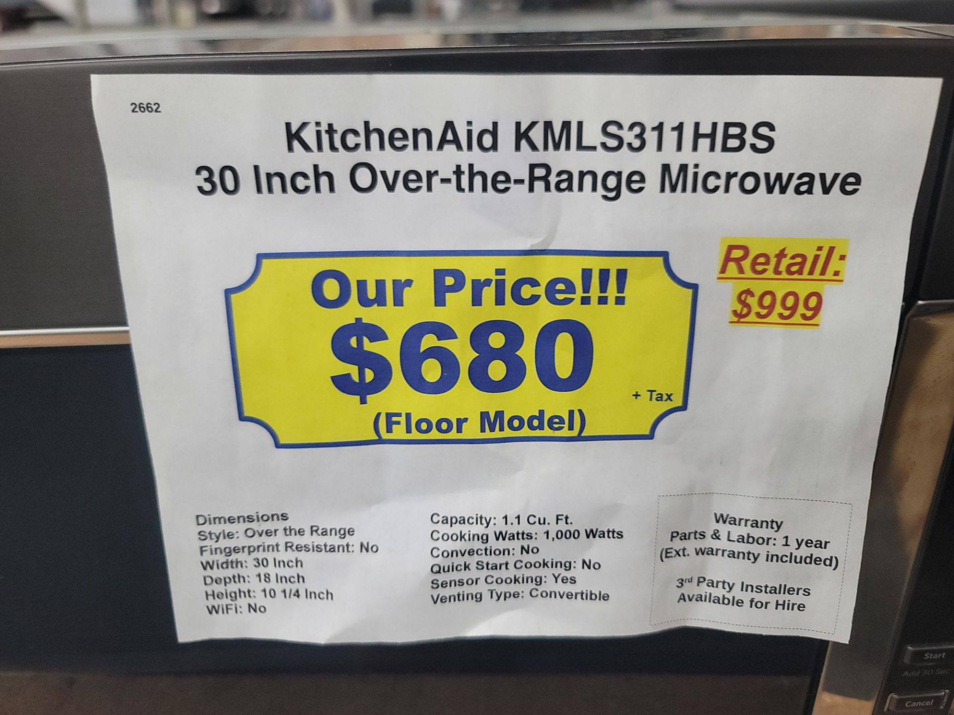 KITCHENAID 30" OVER-THE-RANGE MICROWAVE OVEN IN BLACK, 1.1 CU. FT. CAPACITY, MODEL KMLS311HBS - Image 3 of 3