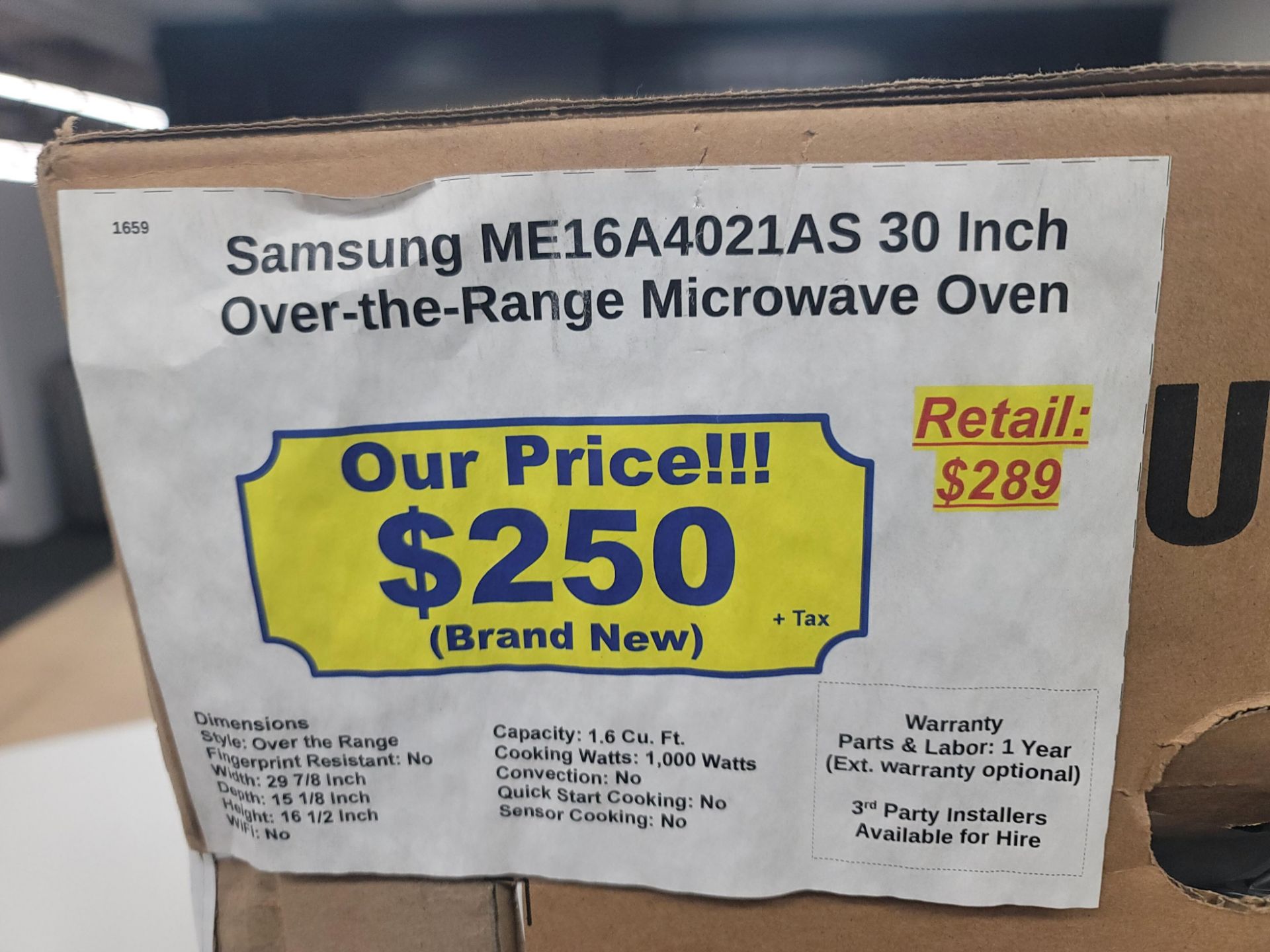 SAMSUNG 30" OVER-THE-RANGE MICROWAVE OVEN W/ 1.6 CU. FT. CAPACITY, MODEL ME16A4021AS - Image 2 of 2