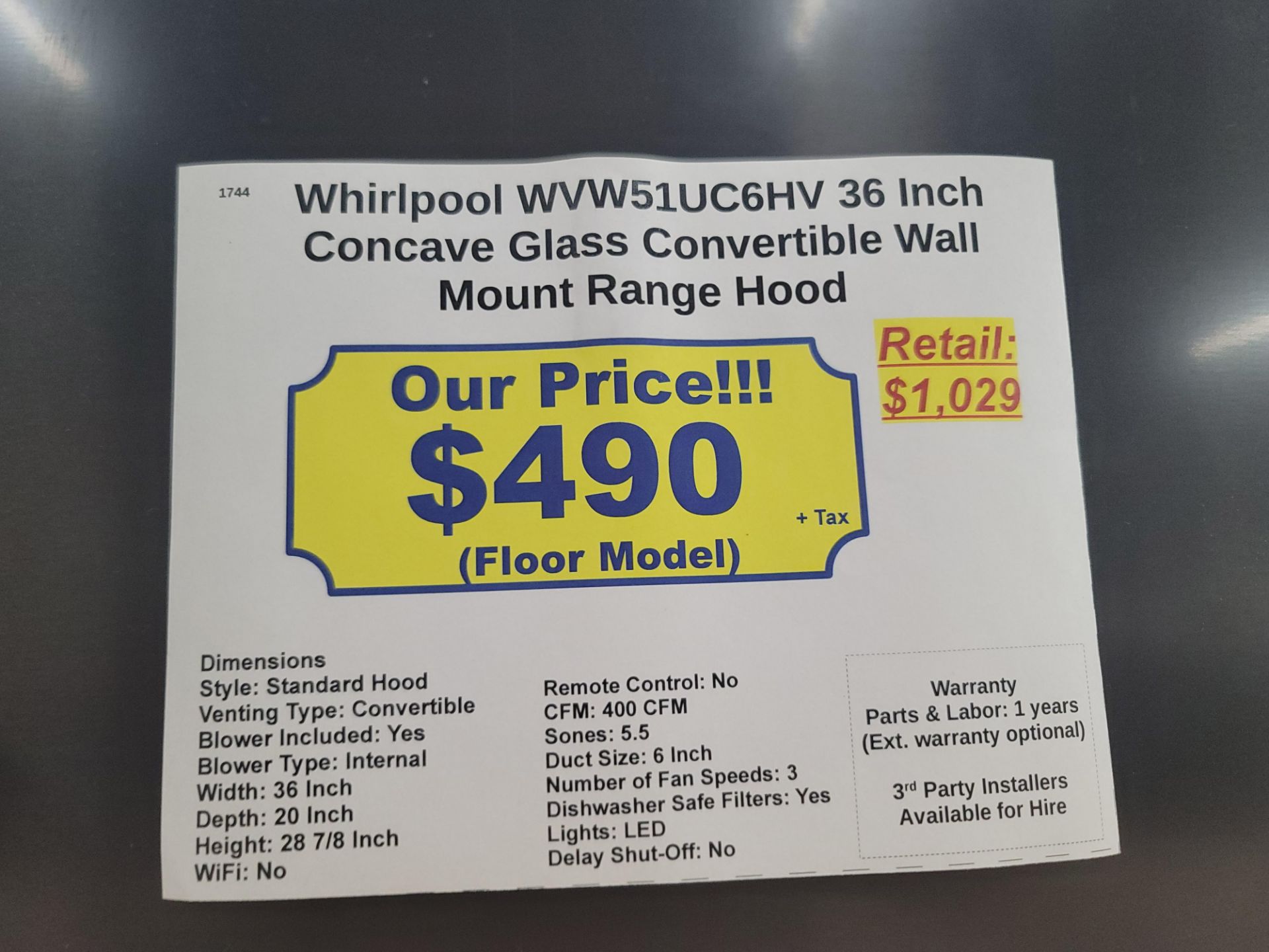 WHIRLPOOL 36" CONCAVE GLASS CONVERTIBLE WALL MOUNT RANGE HOOD, MODEL WVW51UC6HV - Image 3 of 3