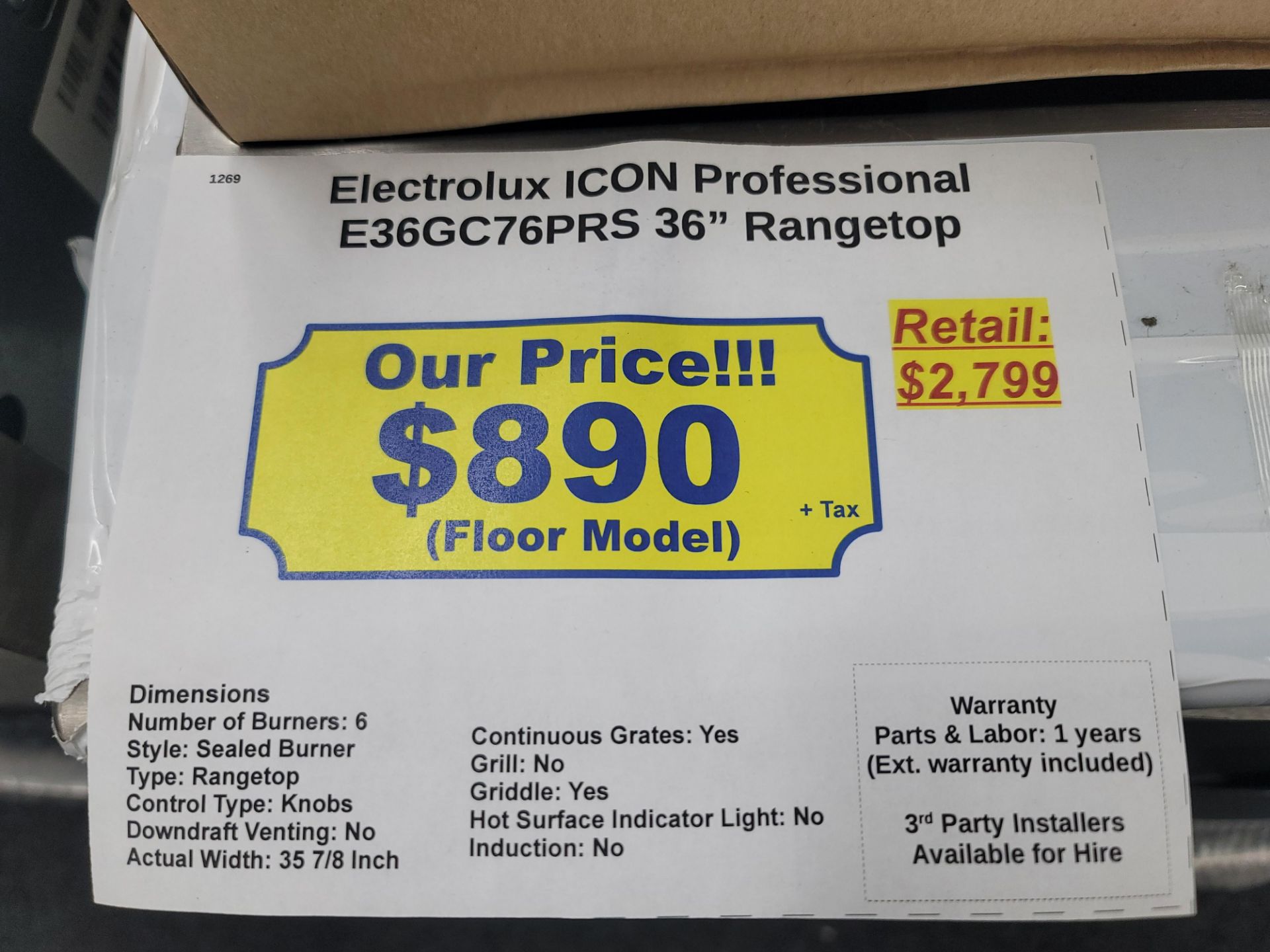 ELECTROLUX ICON PROFESSIONAL 36" GAS RANGETOP W/ (6) BURNERS IN STAINLESS STEEL, MODEL E36GC76PRS - Image 3 of 3