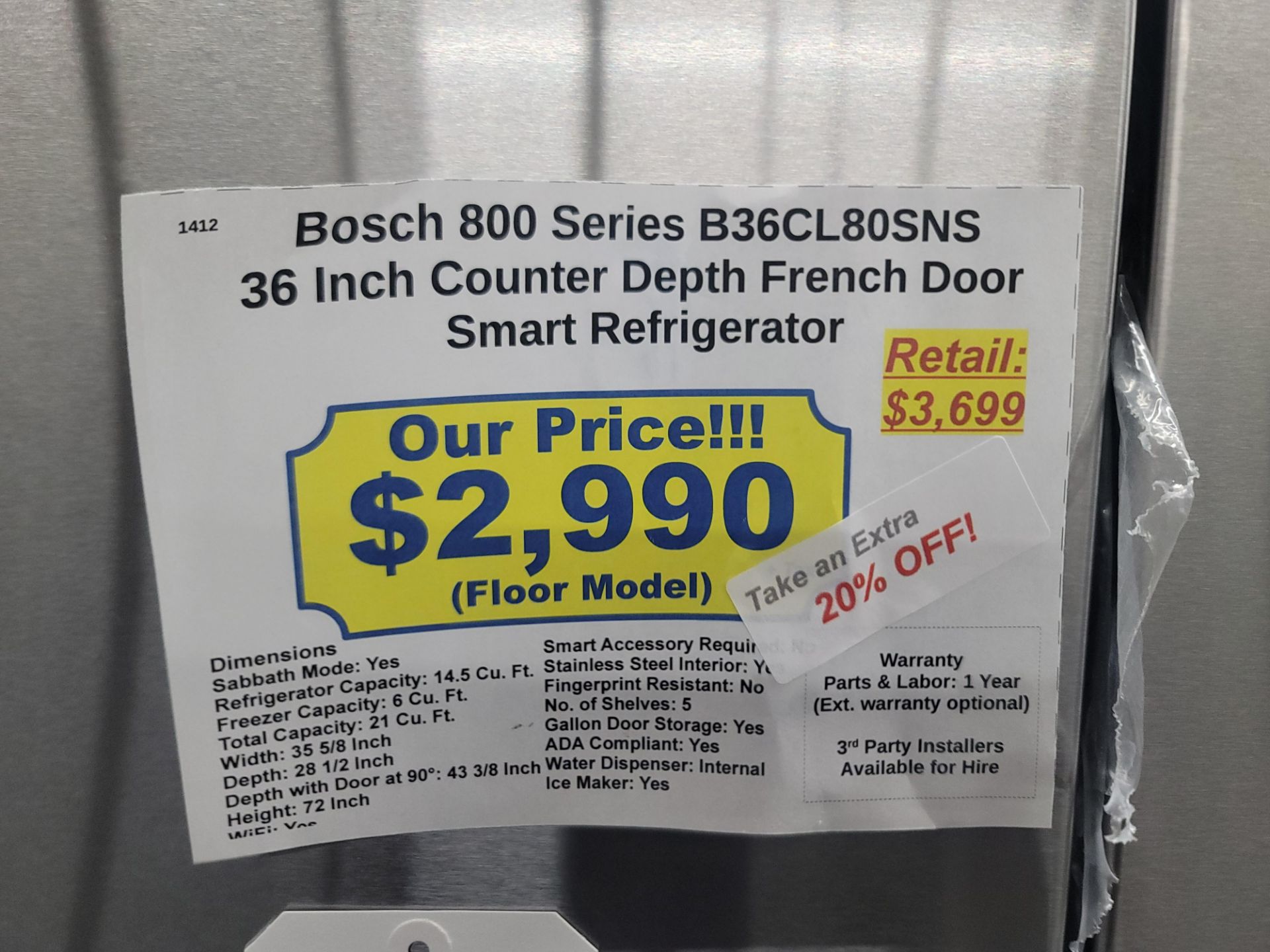 BOSCH 800 SERIES 36" SMART COUNTER DEPTH FRENCH DOOR 14.5 CU. FT. REFRIGERATOR / 6.0 CU. FT. FREEZER - Image 5 of 5