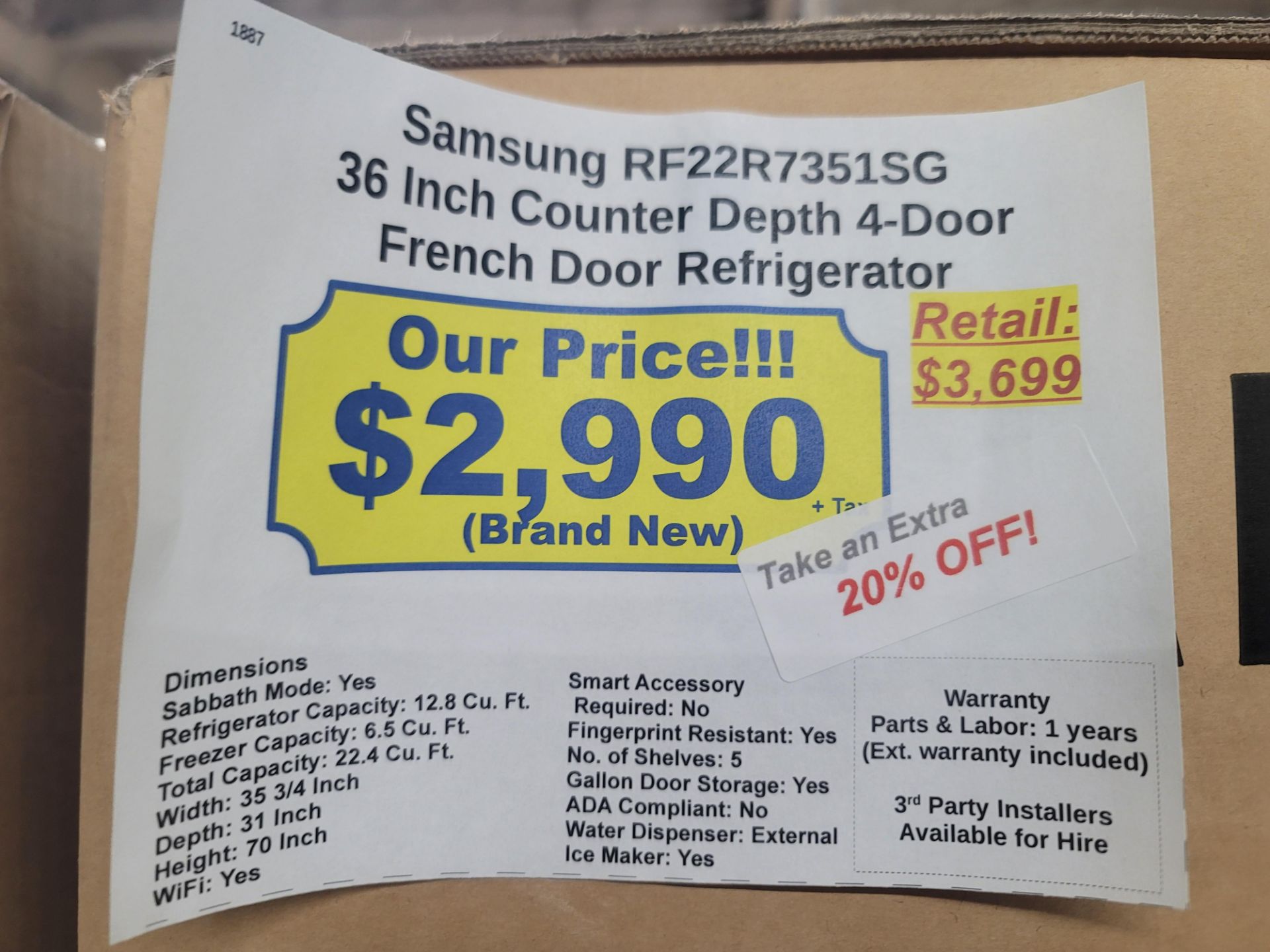 SAMSUNG 36" COUNTER DEPTH 4-DOOR FRENCH DOOR 12.8 CU. FT. REFRIGERATOR / 6.5 CU. FT. FREEZER / 22. - Image 3 of 3