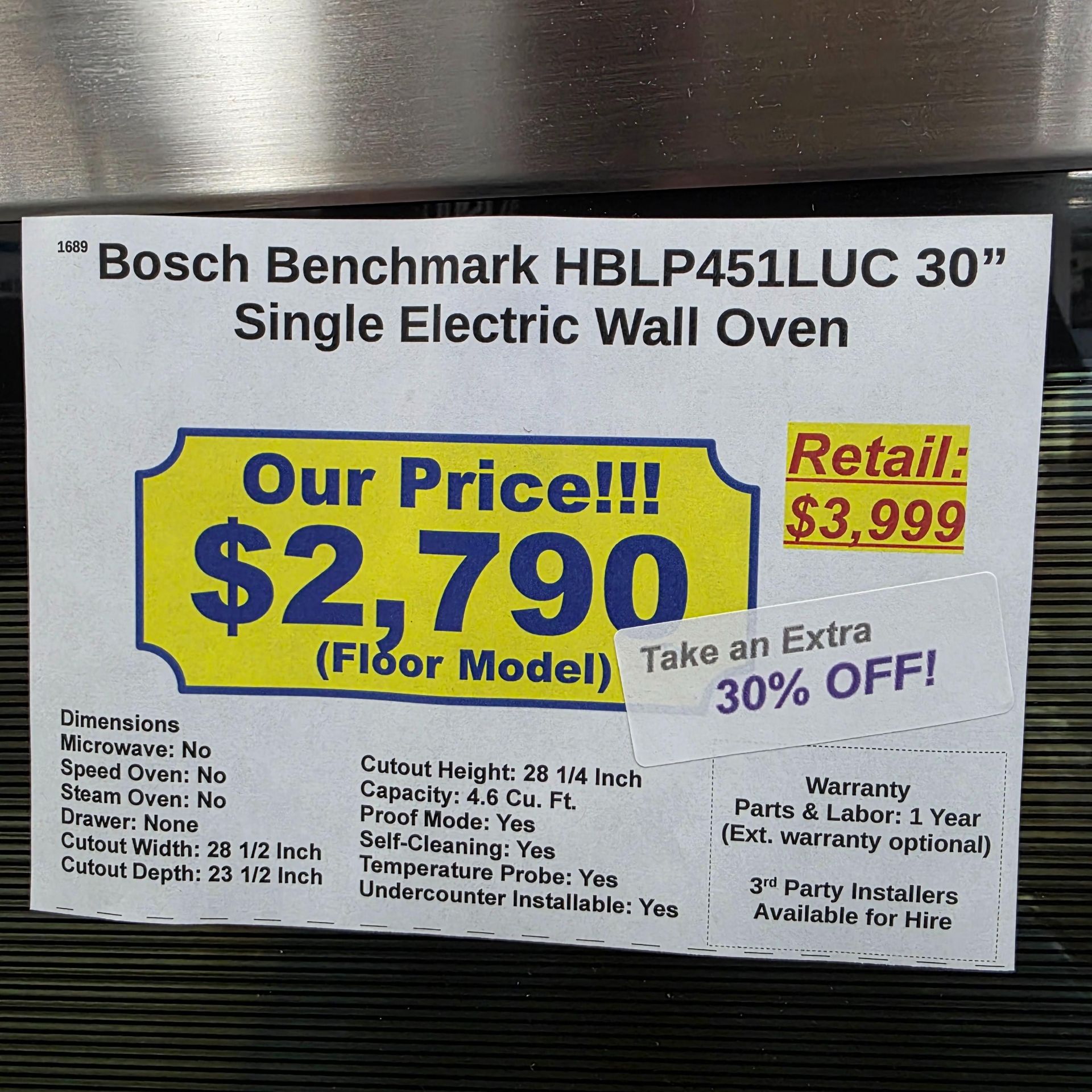 BOSCH BENCHMARK 30" SINGLE ELECTRIC WALL OVEN W/ 4.6 CU. FT. CAPACITY IN STAINLESS STEEL, MODEL - Image 5 of 5