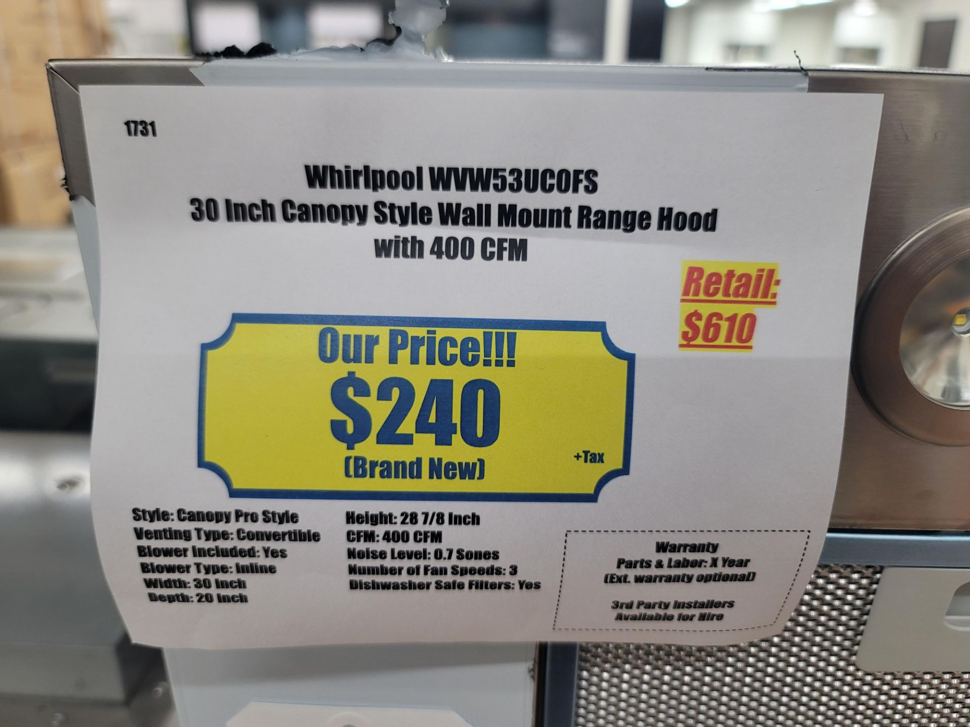 WHIRLPOOL 30" CANOPY STYLE WALL MOUNT RANGE HOOD, MODEL WVW53UC0FS - Image 3 of 3