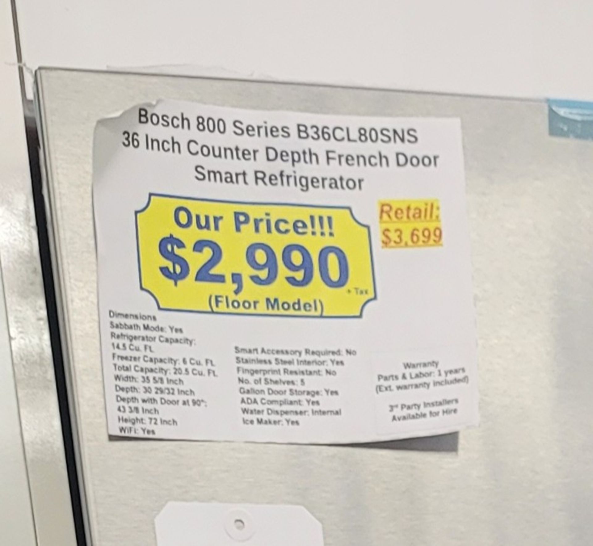 BOSCH 800 SERIES 36" COUNTER DEPTH FRENCH DOOR 14.5 CU. FT. REFRIGERATOR / 6.0 CU. FT. FREEZER / - Image 7 of 7