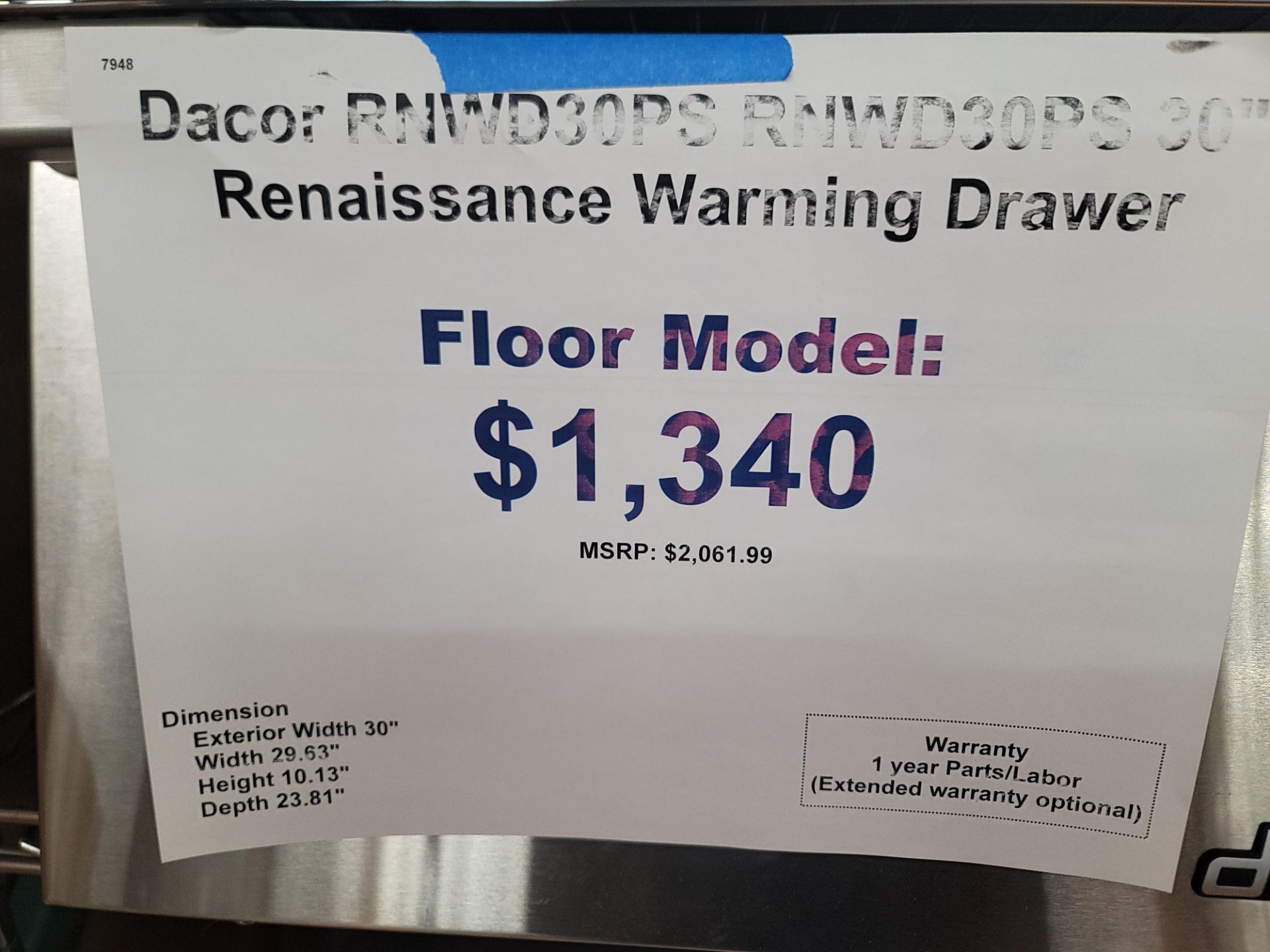 DACOR RENAISSANCE 30" WARMING DRAWER, MODEL RNWD30PS - Image 2 of 2