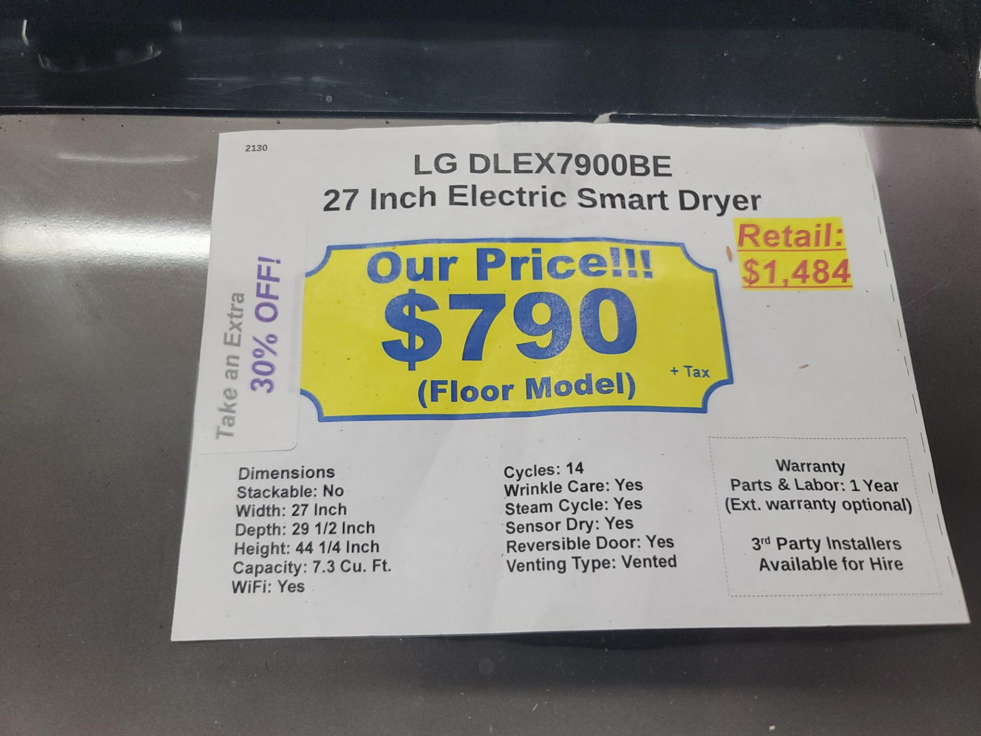 LG 27" ELECTRIC SMART DRYER IN BLACK, 7.3 CU. FT. CAPACITY, MODEL DLEX7900BE - Image 4 of 4