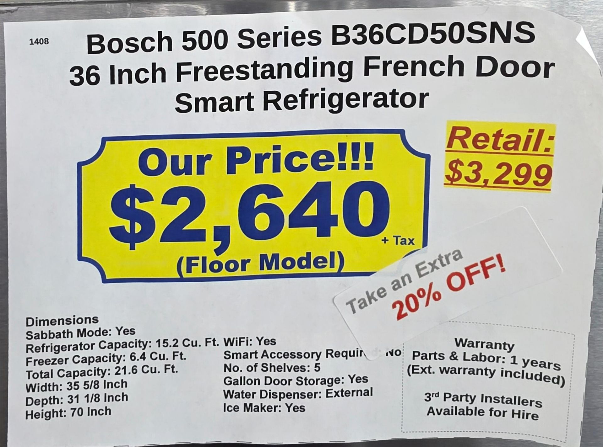 BOSCH 500 SERIES 36" SMART FREESTANDING FRENCH DOOR 15.2 CU. FT. REFRIGERATOR / 6.4 CU. FT. - Image 4 of 4