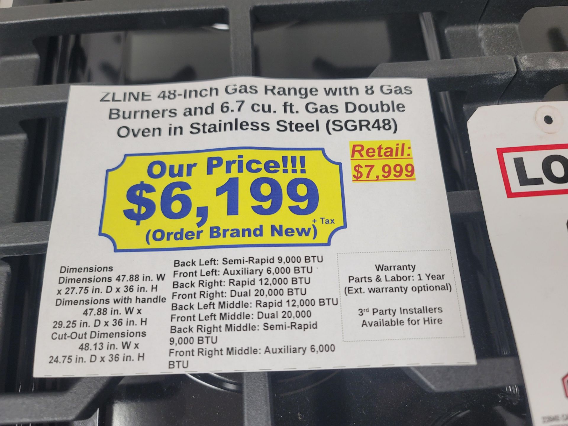 ZLINE 48" GAS RANGE W/ (8) GAS BURNERS AND 6.7 CU. FT. GAS DOUBLE OVEN IN STAINLESS STEEL, MODEL - Image 8 of 8