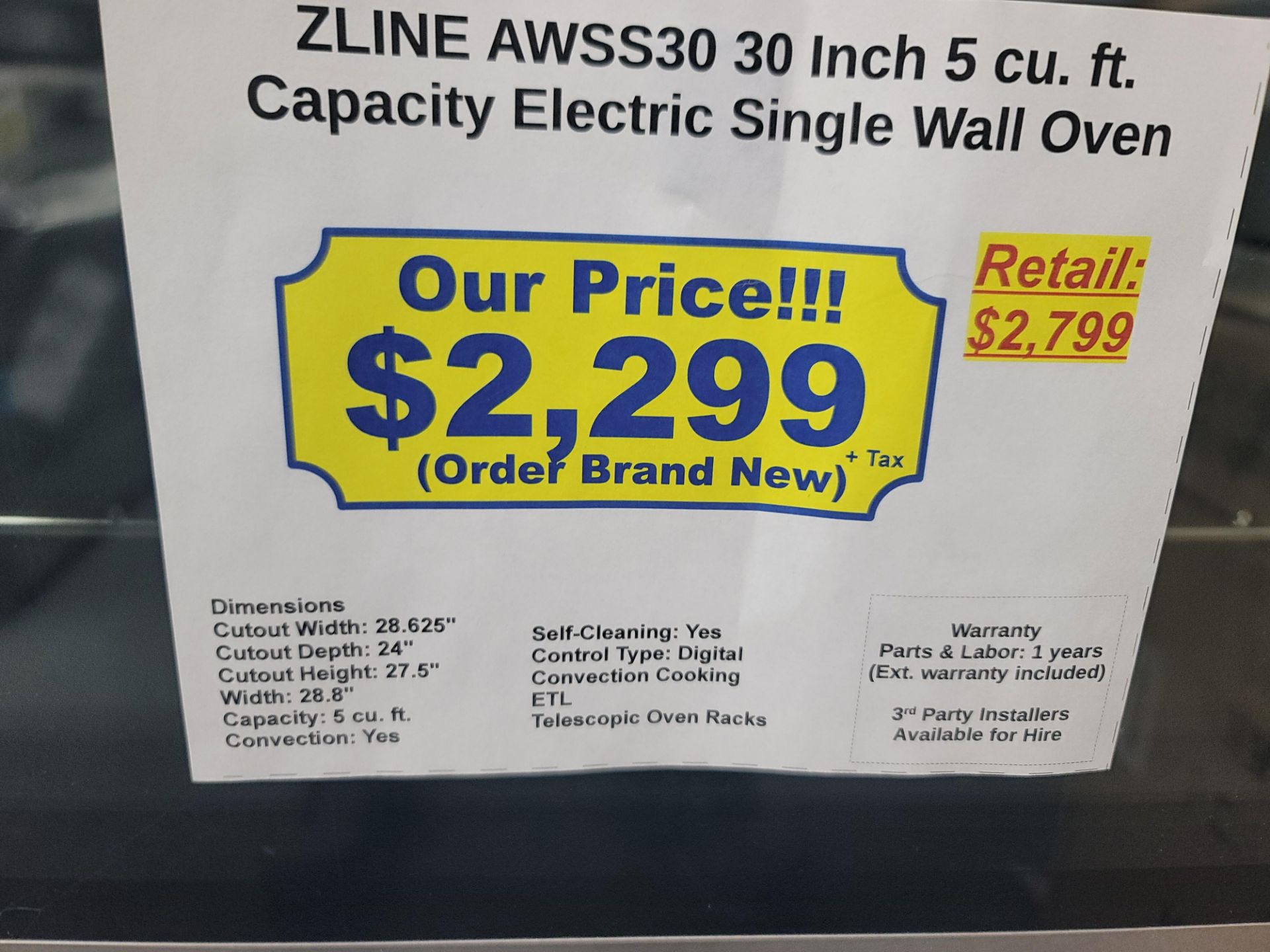 ZLINE 30" ELECTRIC SINGLE WALL OVEN W/ 5.0 CU. FT. CAPACITY IN STAINLESS STEEL, MODEL AWSS30 - Image 4 of 4