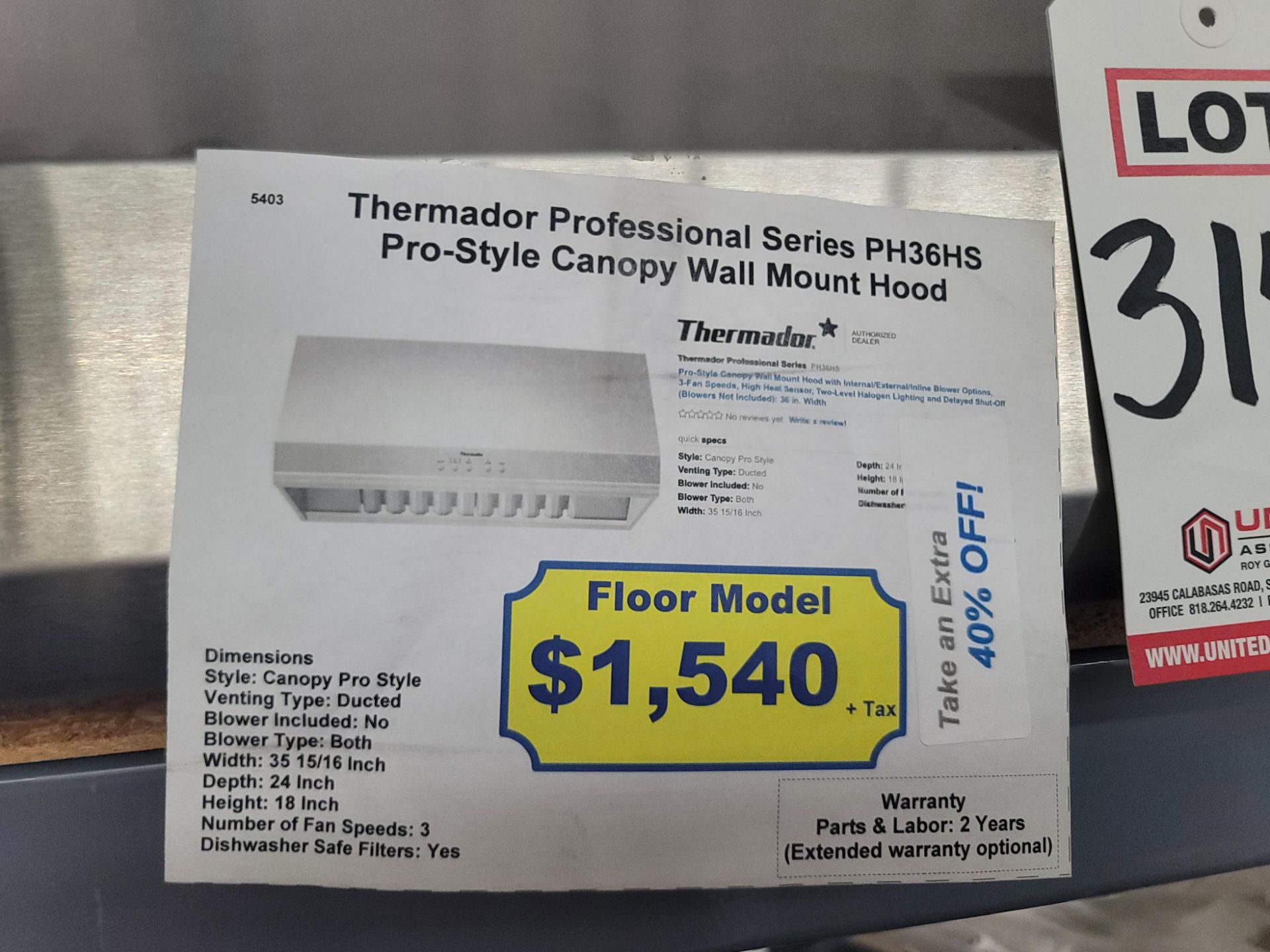 THERMADOR PROFESSIONAL SERIES 36" PRO-STYLE CANOPY MOUNT HOOD, MODEL PH36HS - Image 2 of 2