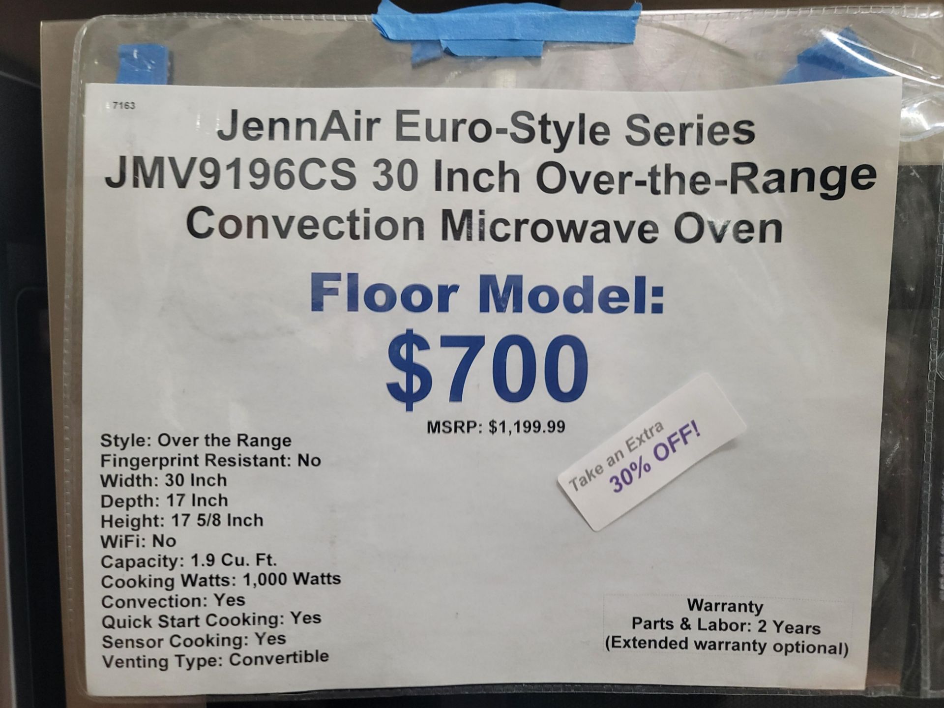JENNAIR EURO-STYLE SERIES 30" OVER-THE-RANGE CONVECTION MICROWAVE OVEN IN STAINLESS STEEL, 1.9 CU. - Image 3 of 3