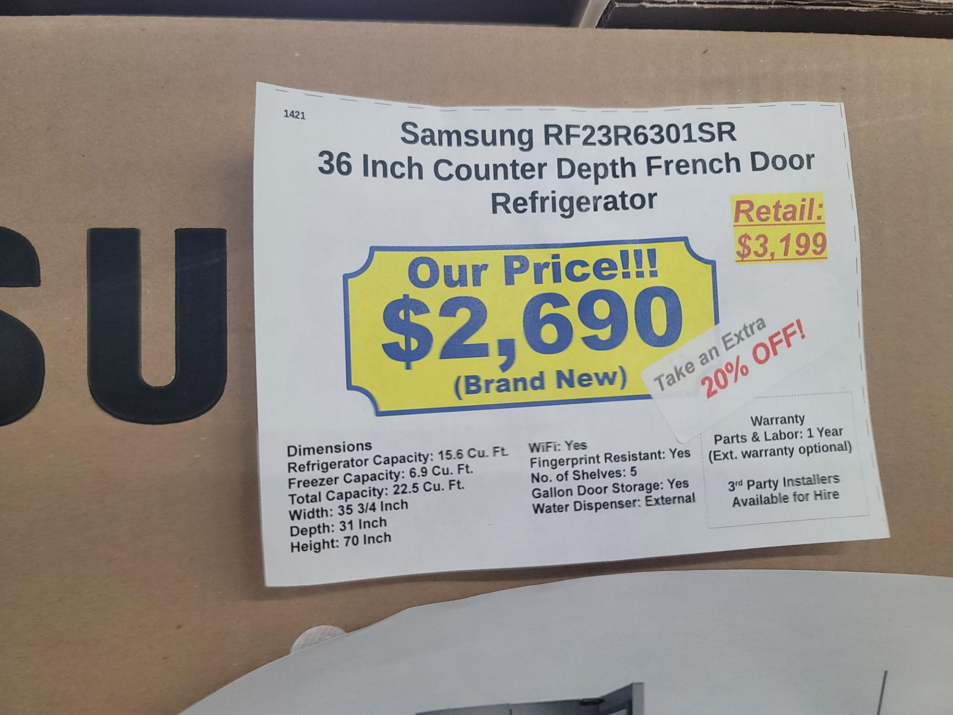 SAMSUNG 36" COUNTER DEPTH FRENCH DOOR 15.6 CU. FT. REFRIGERATOR / 6.9 CU. FT. FREEZER / 22.5 CU. FT. - Image 3 of 3