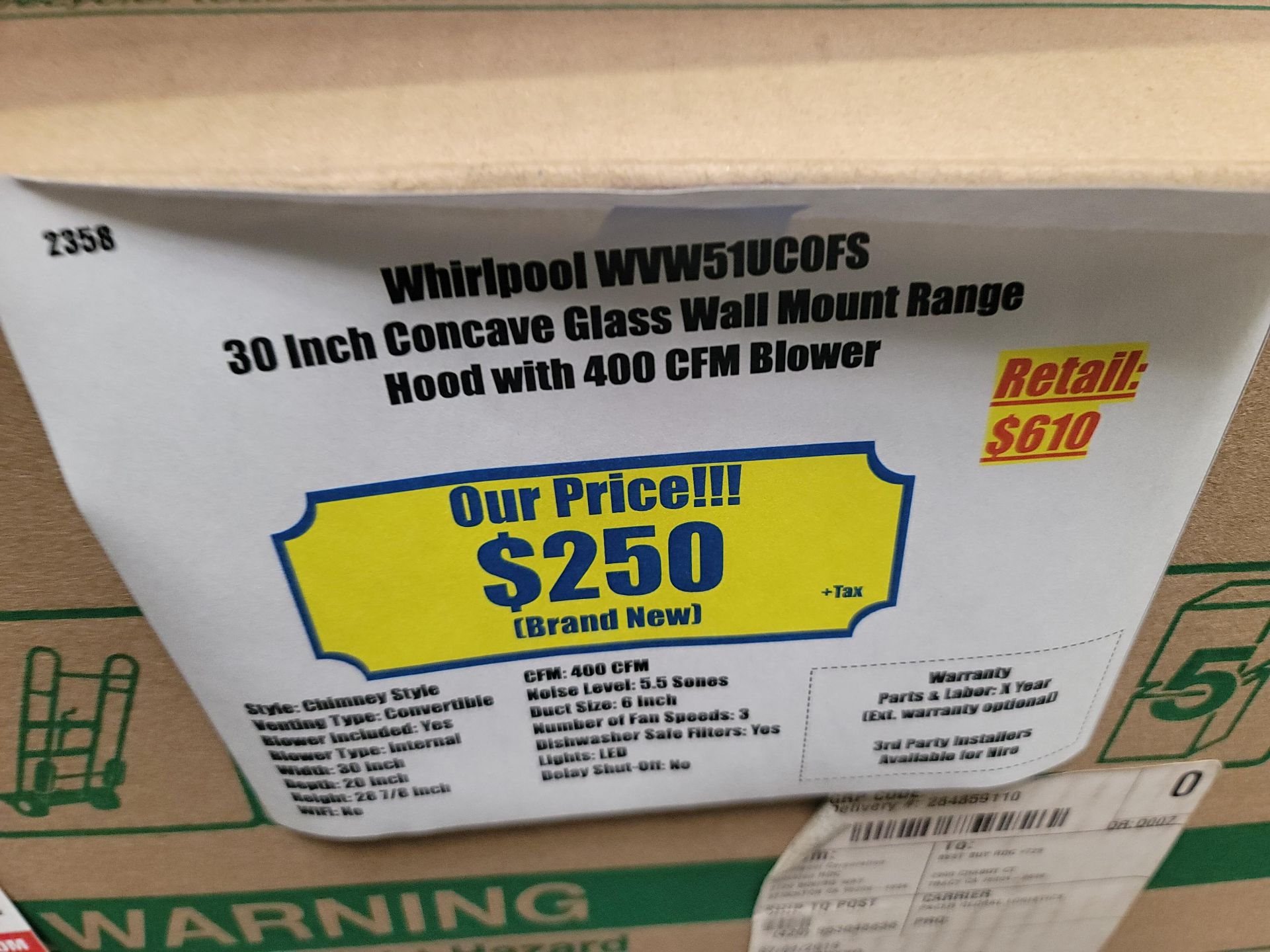 WHIRLPOOL 30" CONCAVE GLASS WALL MOUNT RANGE HOOD, MODEL WVW51UC0FS, IN ORIGINAL CARTON - Image 2 of 2