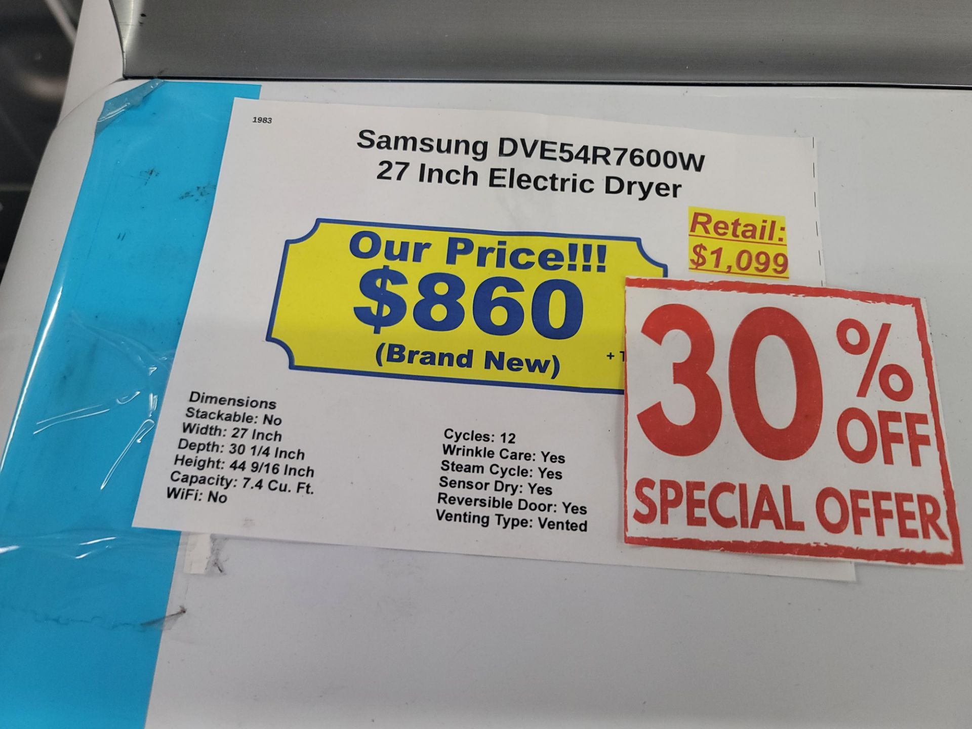 SAMSUNG 27" ELECTRIC DRYER IN WHITE, 7.4 CU. FT. CAPACITY, MODEL DVE54R7600W - Image 3 of 3