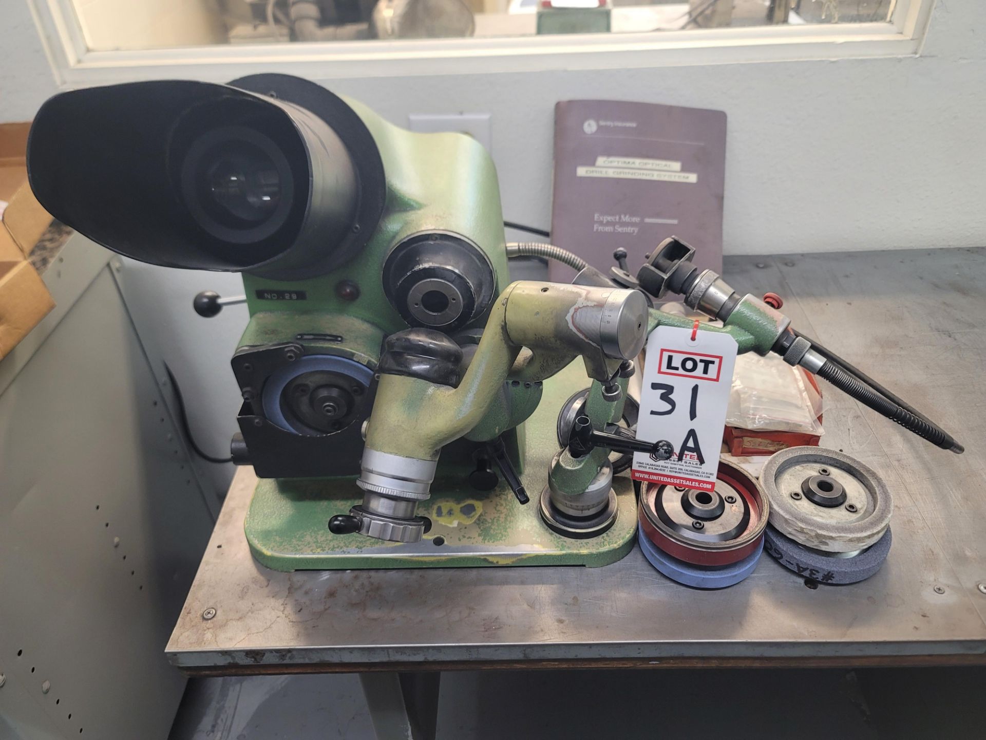 Optimo Grinding Machine OPTIMA UNIVERSAL OPTICAL DRILL GRINDER, S/N B 1554, W/ GRINDING WHEELS ...