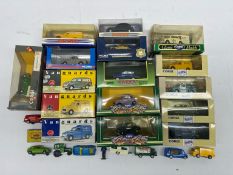 A boxed group of die-cast model vehicles by makers including Corgi and Vanguards