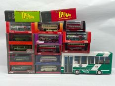 A boxed group of 1:76 scale die-cast bus models by Corgi, Britbus and KMB