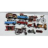 A group of metal ornamental vehicles and other vehicle items