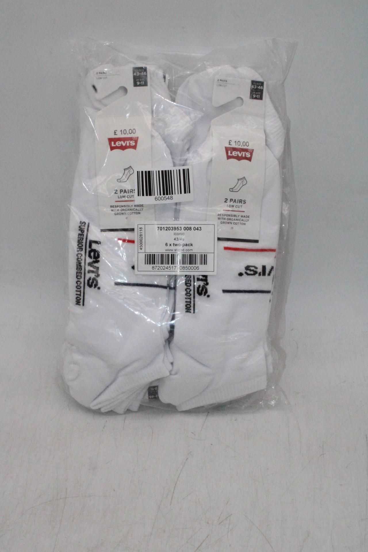 Six Packs of Levi's Logo Low Cut Socks, White, UK 9-11, 2 Pairs Per Pack