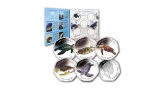 2019 B. I. O. T Set of five Turtle colourised 50p coins.