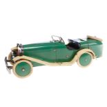Meccano Rennwagen, grün/creme, Uhrwerk intakt, LS und Alterungsspuren, L 29,5, Z 3
