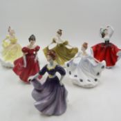 Six Royal Doulton figurines to include Ninette HN 2379 and Karen HN2388. UK P&P Group 3 (£35+VAT for