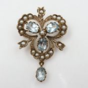 9ct gold blue topaz and seed pearl pendant brooch, 5.8g, 40 mm x 24 mm. UK P&P Group 0 (£7+VAT for