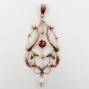 Victorian 9ct gold garnet and pearl set pendant, H: 50 mm, 1.3g. UK P&P Group 0 (£7+VAT for the