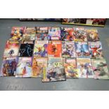 Thirteen DC Justice League, ten Red Hood comics, and twenty-three other Marvel comics. Not available