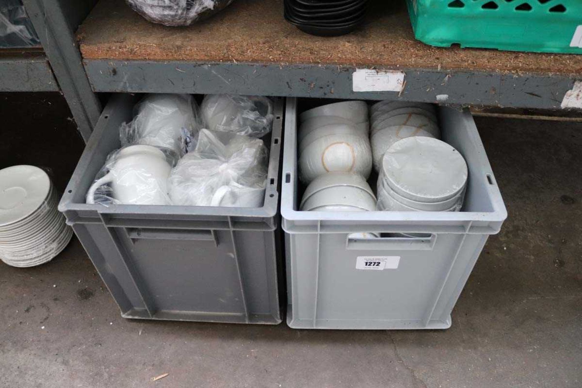 +VAT Plastic stacking crate containing small bowls and a plastic stacking crate containing