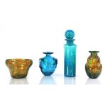 In the manner of Mdina, an aqua glass bottle vase with stopper, h. 28 cm, together with a similar