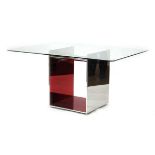 Gabriele & Oscar Buratti for Acerbis, a Modernist Italian ‘Judd’ glass and red mirrored steel dining