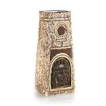 A Troika Pottery cuboid vase typically decorated with geometric motifs, ink signature and CF