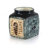 A 1970's Troika marmalade pot typically relief decorated with geometric motifs, ink signature, h.